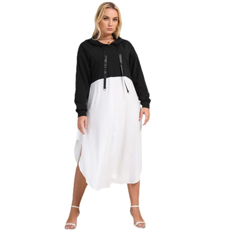 Plus Size Autumn New Women's Swing Dress: Long Sleeve Crew Neck Casual Hooded Black-White Contrasting-Color Design - Image 5
