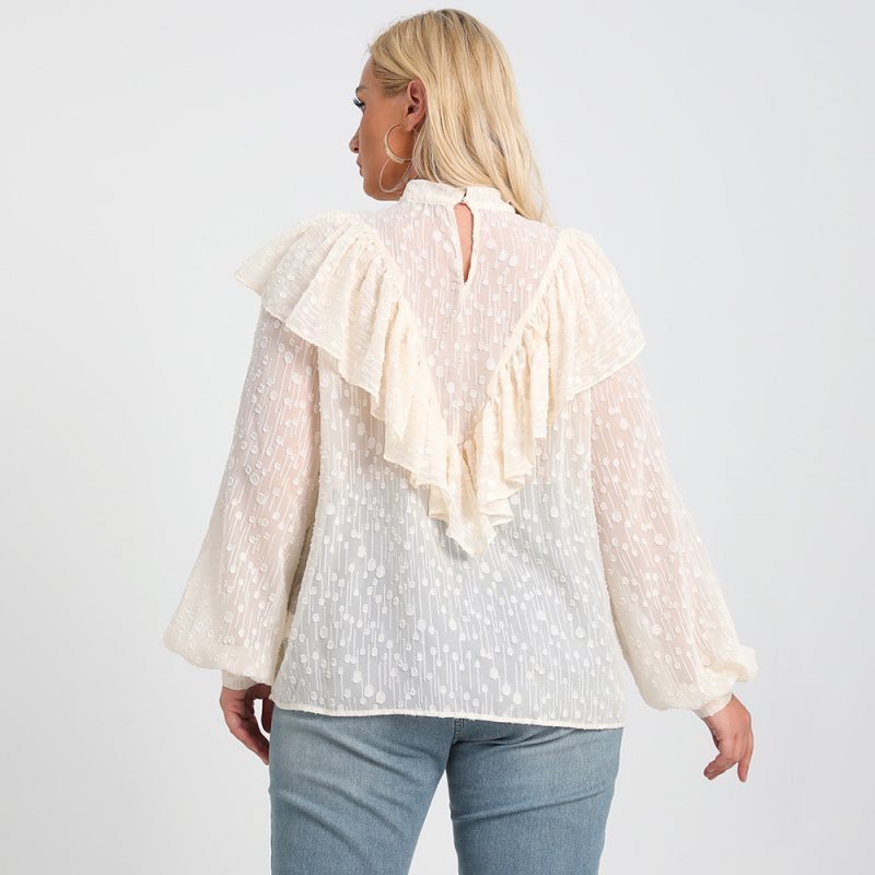 Plus Size Autumn Office Long Sleeve Loose Polka Dot Top with Lotus Leaf Detailing - Image 4