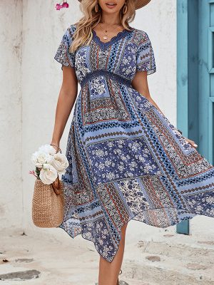 Summer Women’s V-Neck Short Sleeve Irregular Asymmetric Maxi Dress: Bohemian Printed Dress