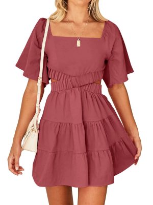 Chic Simplicity: Solid Color Square Collar Dress with Hollow Out Cutout Back – Ideal for Spring and Summer