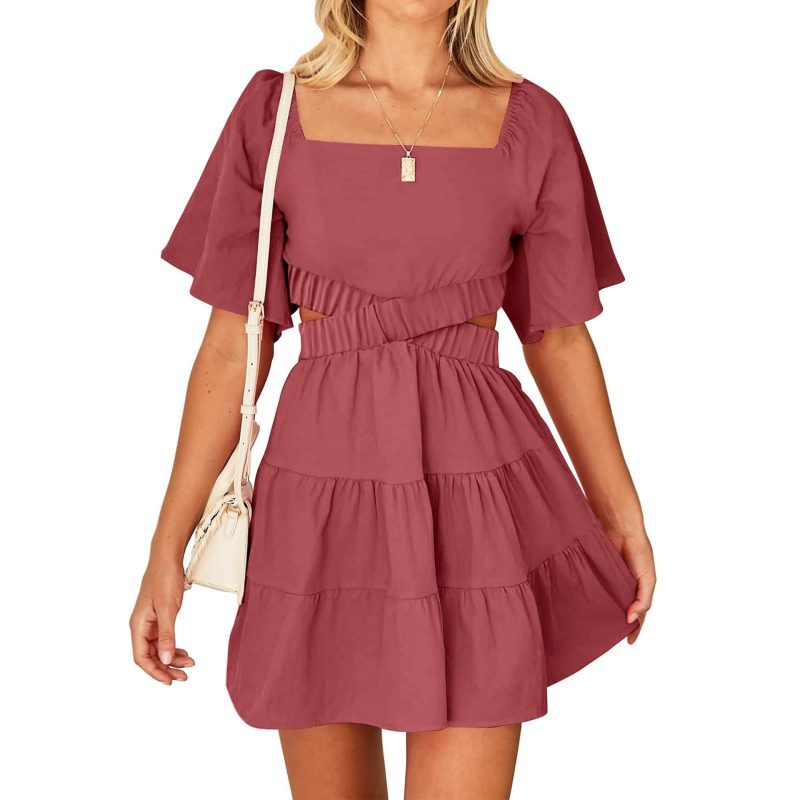 Chic Simplicity: Solid Color Square Collar Dress with Hollow Out Cutout Back - Ideal for Spring and Summer