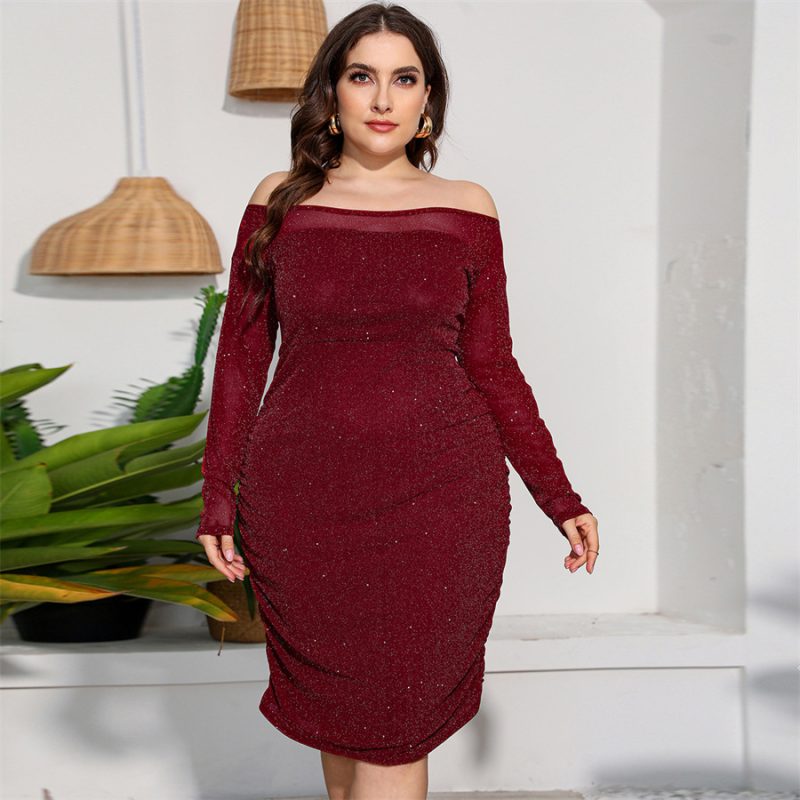 Plus Size Women's off-Shoulder Long Sleeve Slim Package Hip Pleated Dress with Hollow Out Cutouts and Diamond Embellishments - Image 2