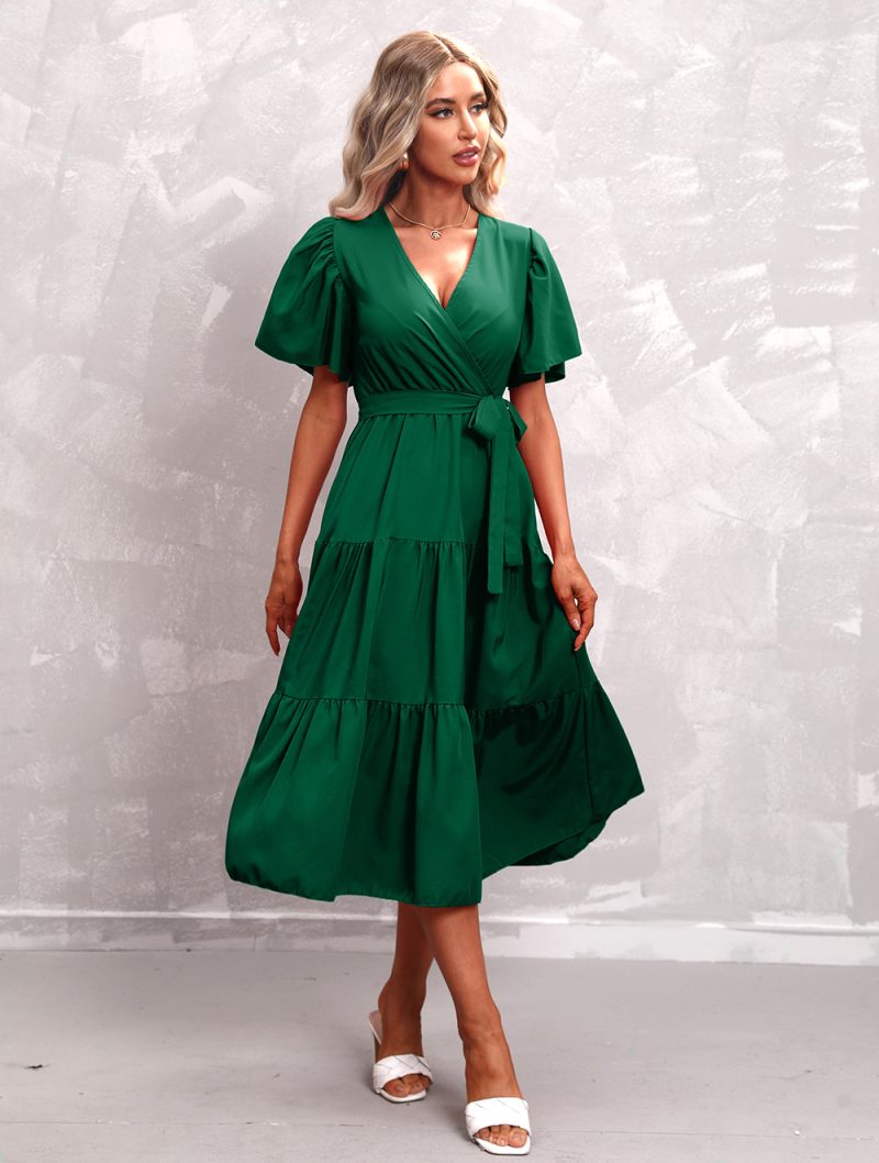 Women's Summer Solid Color V-Neck Short Sleeve Dress - Image 9