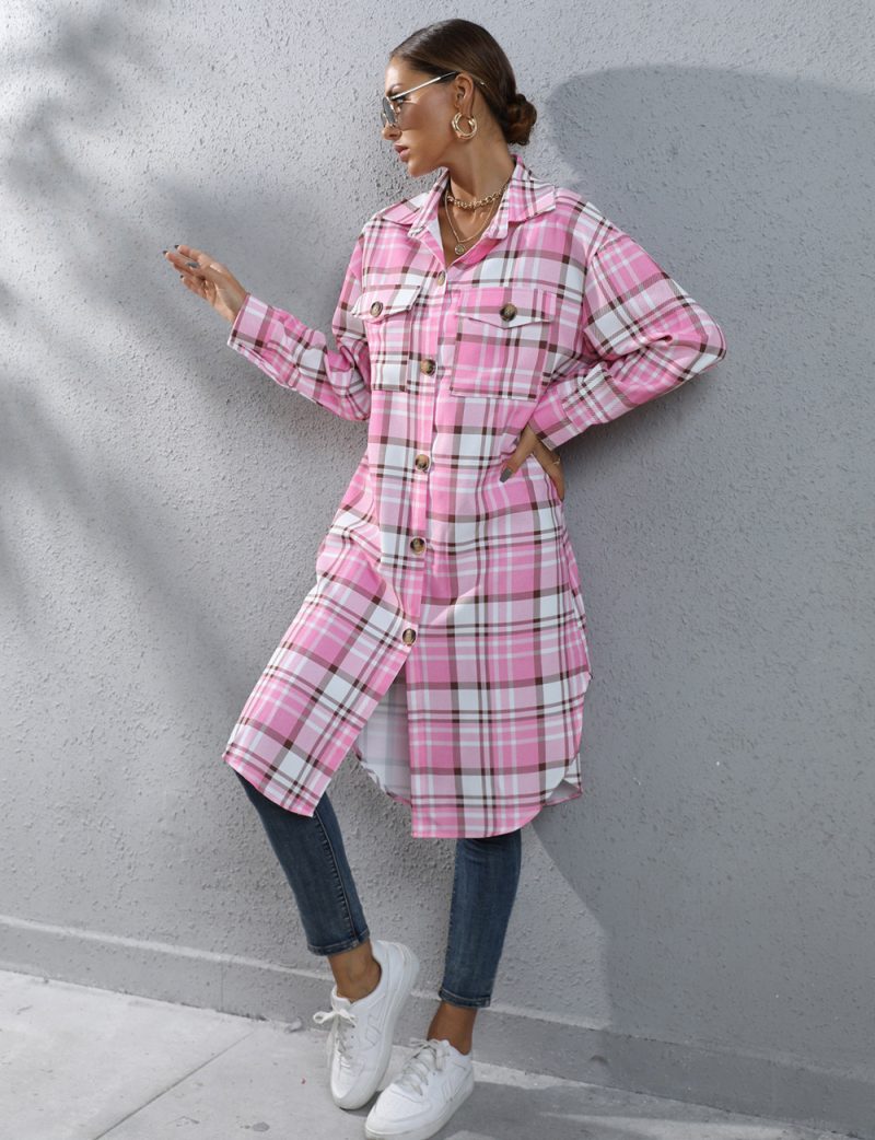 Women's Autumn Winter Plaid Single-Breasted Long Trench Coat - Image 2