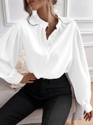 Half Open Collar Solid Color Loose Long Sleeves Elegant Shirt: Women’s Clothes