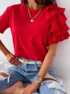 Korean Elegant Simple Ruffled Petal T-Shirt: Women’s Asymmetric Round Neck Short Sleeve