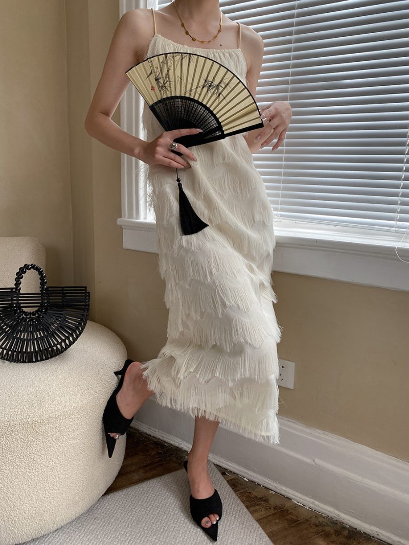 Sinan Tassel Feather: Gentle, Elegant, Loose Slimming French Strap Dress - Image 3