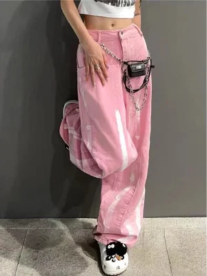 Pink High Waist Loose Straight Baggy Wide Leg Pants