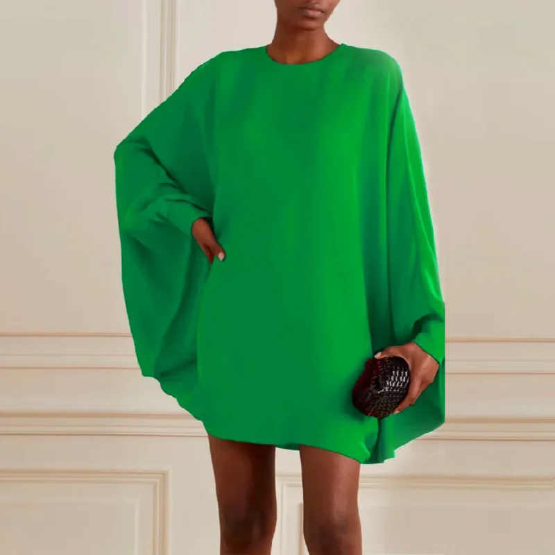 Loose Simple Long Batwing Sleeves Solid Color Round-Neck Mini Dress - Image 8