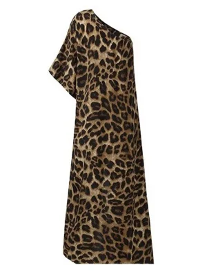 Leopard Printed Asymmetric One-Shoulder T-Shirt