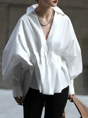 Puff Sleeves Pleated Lapel White Blouse