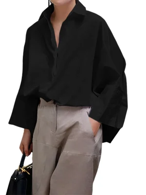 Black White Solid Color Lapel Blouse