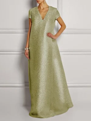 Shiny Solid Color V-Neck Luxury Elegant Banquet Dress