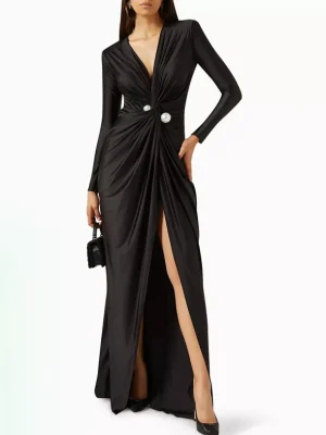 Tied Waist Deep V-Neck Pleated Prom Banquet Dress