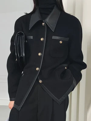 Split-Joint Lapel Collar Jackets Buttons Black Outwear