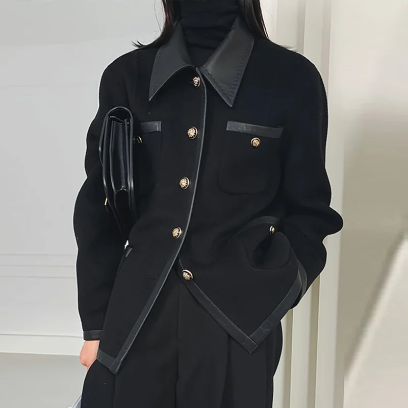 Split-Joint Lapel Collar Jackets Buttons Black Outwear