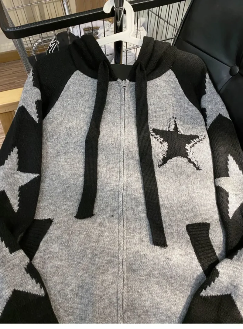 Star Zipper Retro Loose Knitted Cardigan Harajuku Long-sleeved Hoodie - Image 9