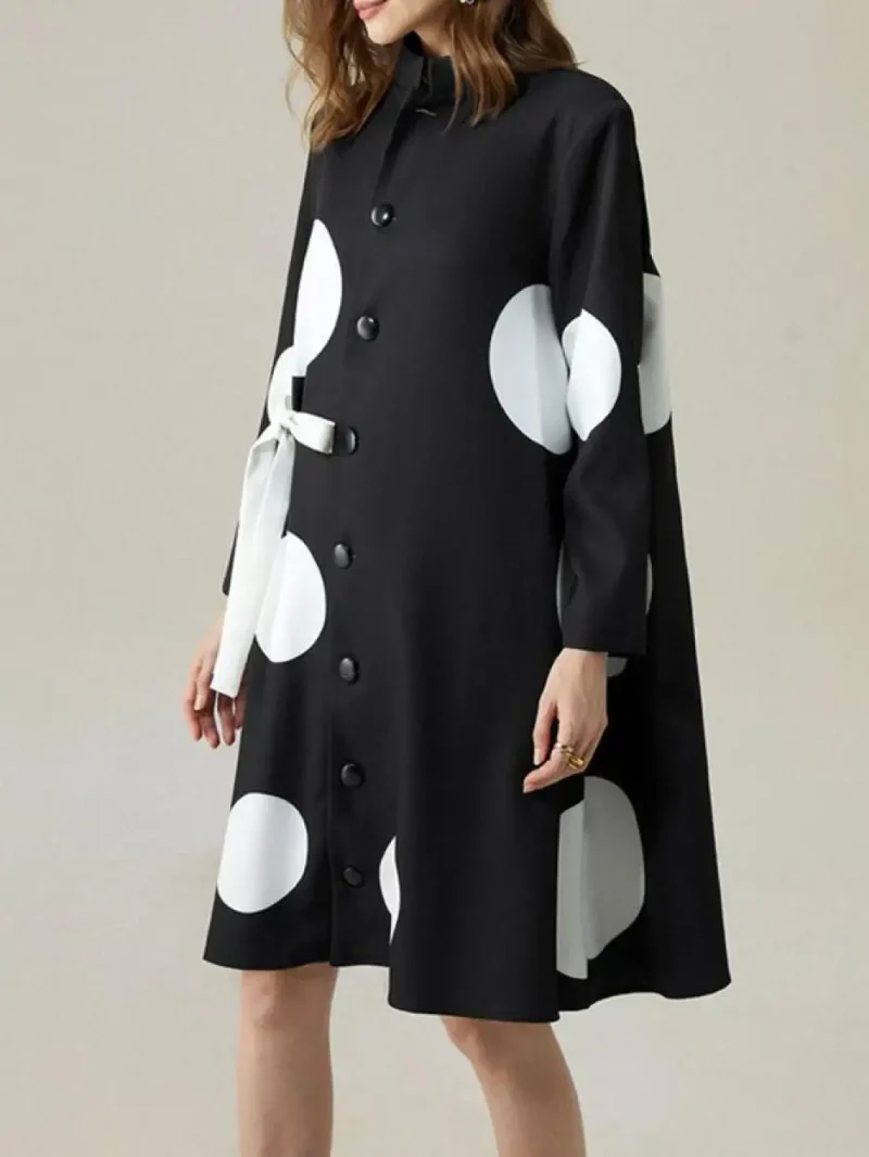 Buttoned Polka-Dot Tied Stand Neck Shirts Dress - Image 9