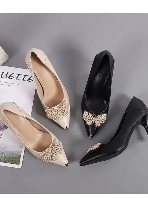 Leather Butterfly Stiletto Heeled Pointed Shoes