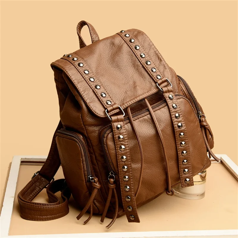 Designer Belt Rivet Soft Leather bHigh-capacity Travel Backpack Sac - Image 8