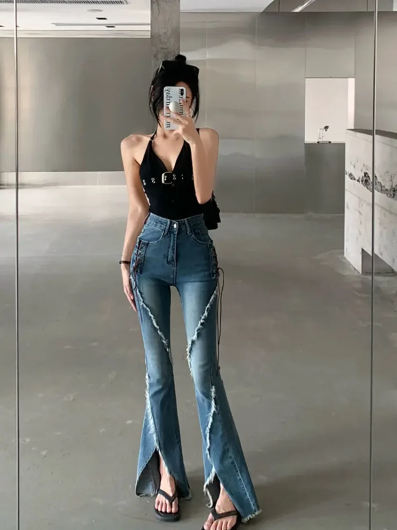 Y2k Slit Raw Edge Strappy Flared High Waist Jeans - Image 7
