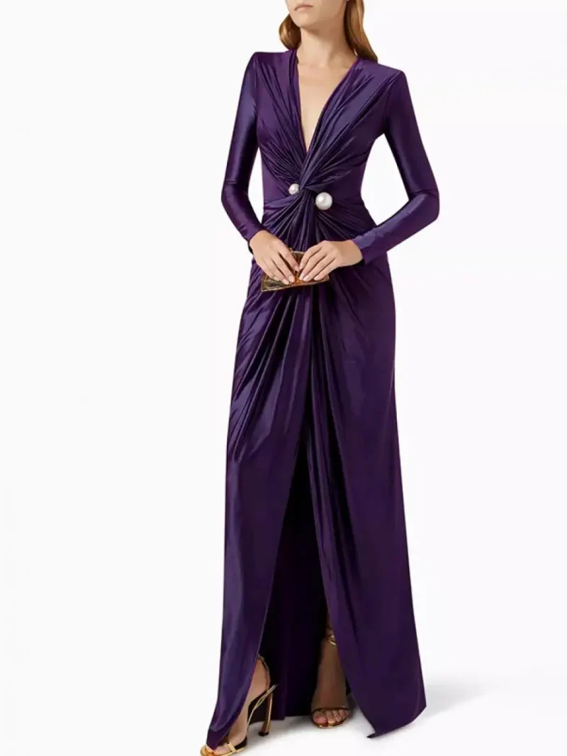 Tied Waist Deep V-Neck Pleated Prom Banquet Dress - Image 8