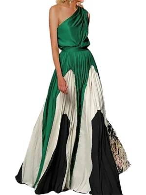 Printed One-Shoulder Pleated A-Line Long Dress