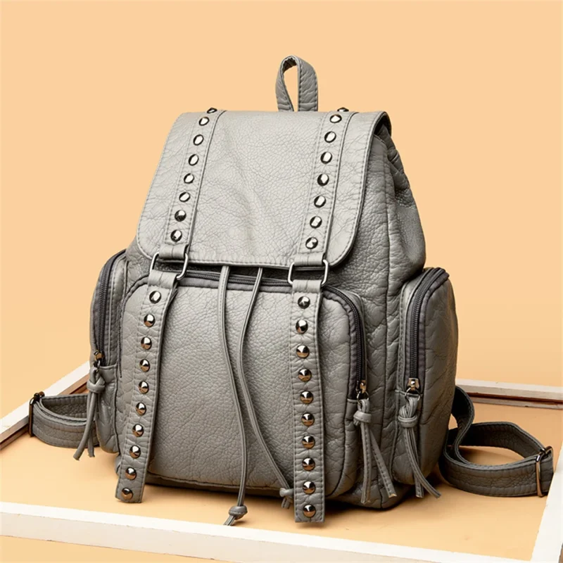 Designer Belt Rivet Soft Leather bHigh-capacity Travel Backpack Sac - Image 7