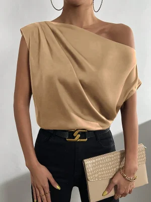 Asymmetric Solid Color One-Shoulder T-Shirts Office Work Top