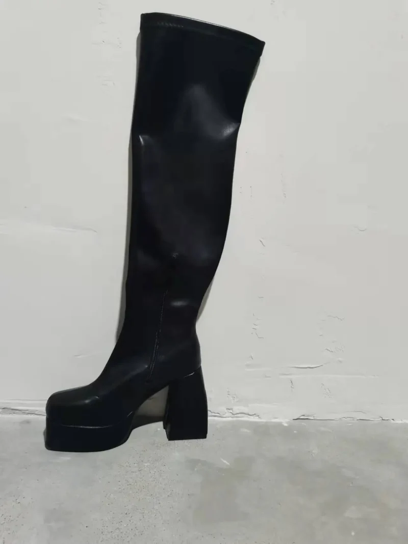 Eco Black Thick Elastic Knee High Boots - Image 2