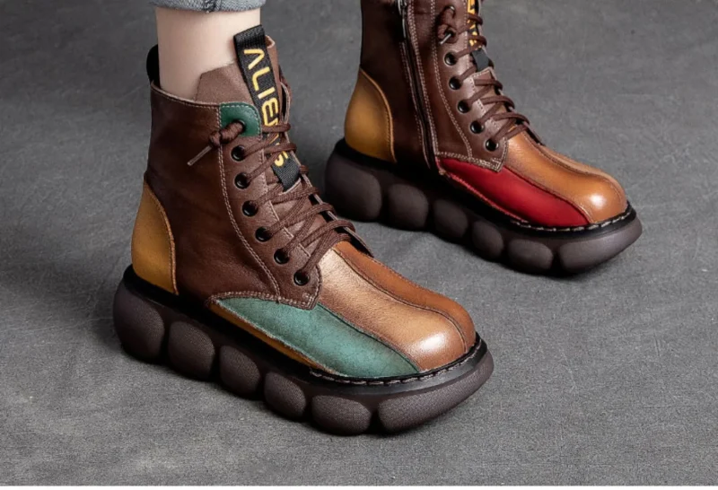 Vintage Short Leather  Patchwork Ankle Boots - Image 5