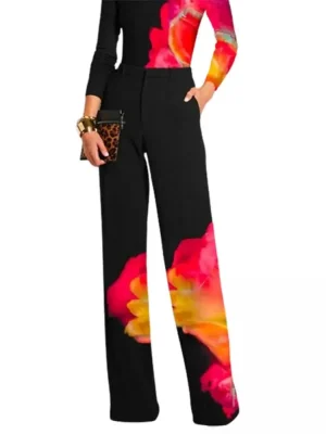 Contrast Color Printed High Waisted Straight Leg Pants