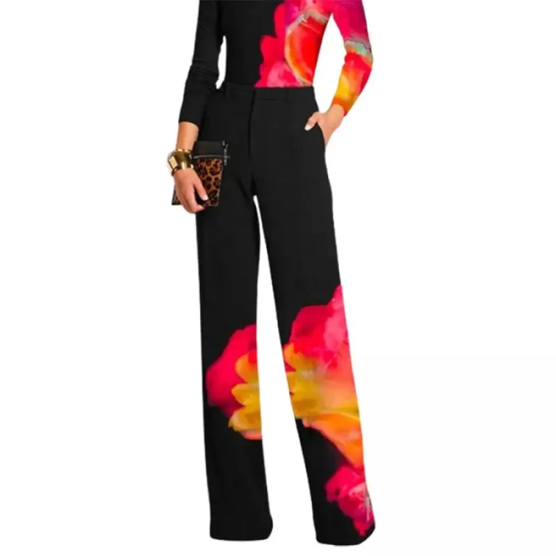 Contrast Color Printed High Waisted Straight Leg Pants