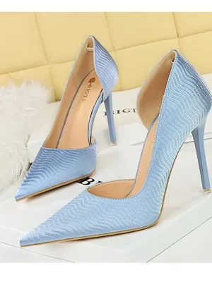 Eco Wave Patterned Satin Pointed Side Hollow Heels