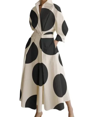 Polka-Dot Lapel Pleated A-Line Dress