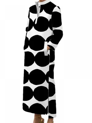 Polka-Dot Split-Side Stand Collar Long Dress