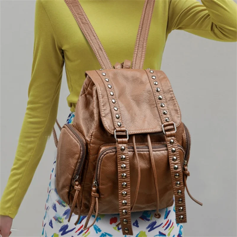 Designer Belt Rivet Soft Leather bHigh-capacity Travel Backpack Sac - Image 12