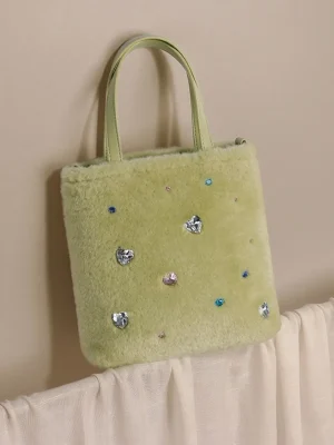 Cute Green Fur Diamond-Studded Tote Bag