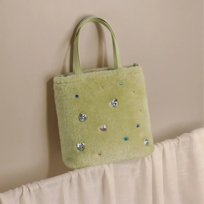 Cute Green Fur Diamond-Studded Tote Bag