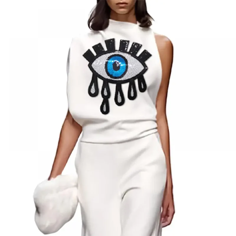 Asymmetric Applique High Neck Casual T-Shirts - Image 9