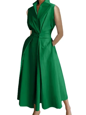 Elegant A-line Sleeveless Solid Color Lapel Midi Dress