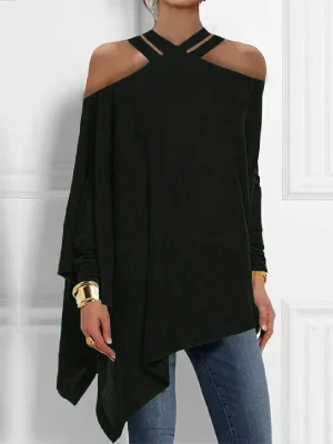 Asymmetric Long Sleeve Solid Color Loose Hollow Cold Shoulder Blouse