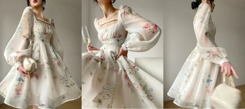 French Floral Long Sleeve Sundress One Piece Dress - Image 7