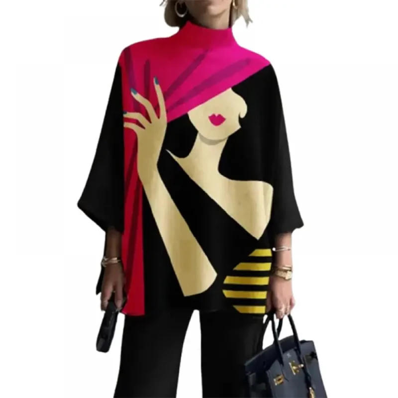 Korean Fashion Figure Printed High-Neck Shirts