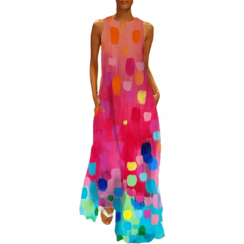 Contrast Color Printed V-Neck Loose Sleeveless dress