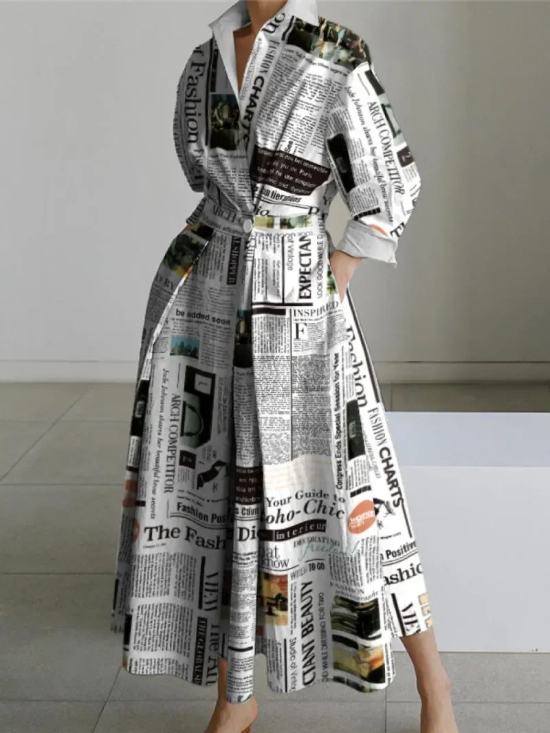 Letter Print Lapel A-Line Dress - Image 6