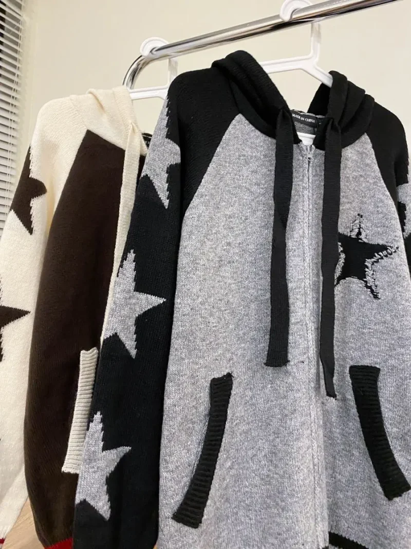 Star Zipper Retro Loose Knitted Cardigan Harajuku Long-sleeved Hoodie - Image 11