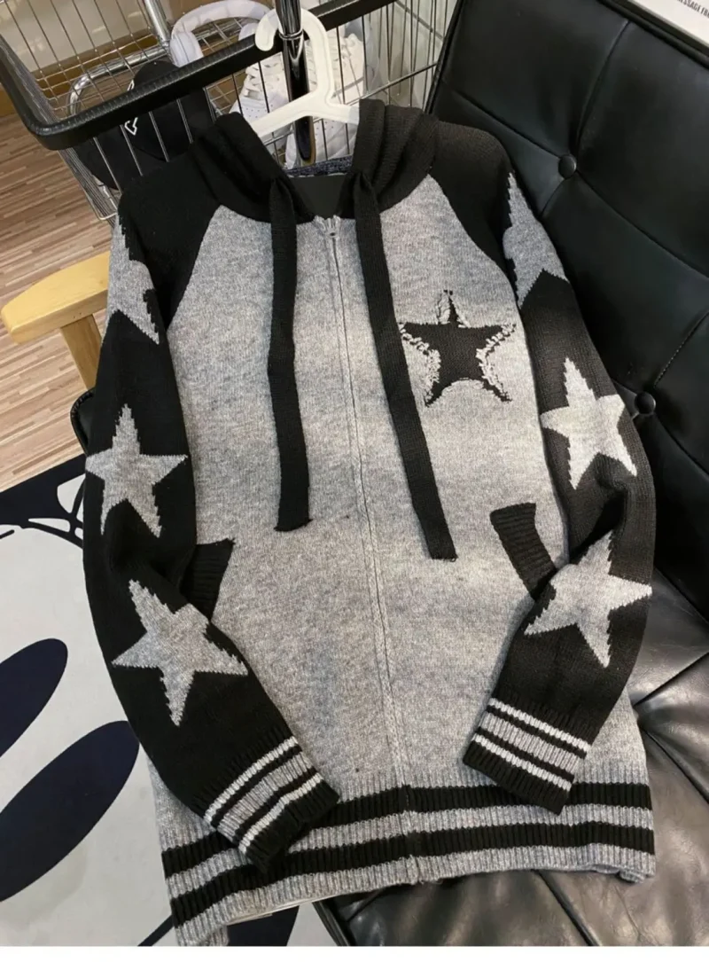 Star Zipper Retro Loose Knitted Cardigan Harajuku Long-sleeved Hoodie - Image 8