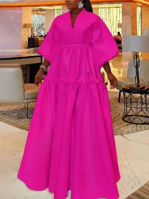 Minimalist Solid Color Puff Sleeves Falbala Loose Maxi Dresses