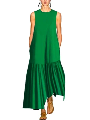 A-Line Dress Sleeveless Solid Color Round-Neck Pleated Maxi